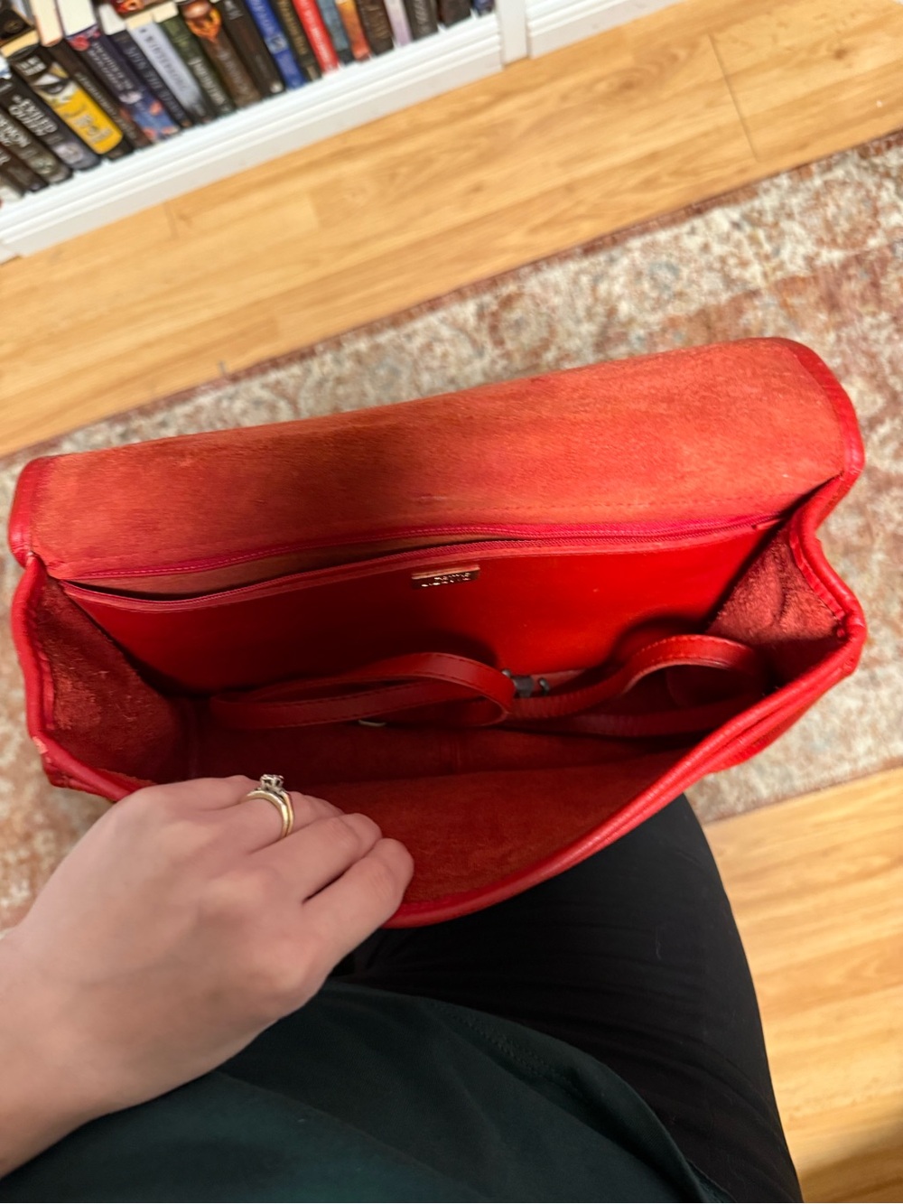 LISETTE Red Suede and Leather Zip Pouch with Gold Plaque - Picture 7 of 9